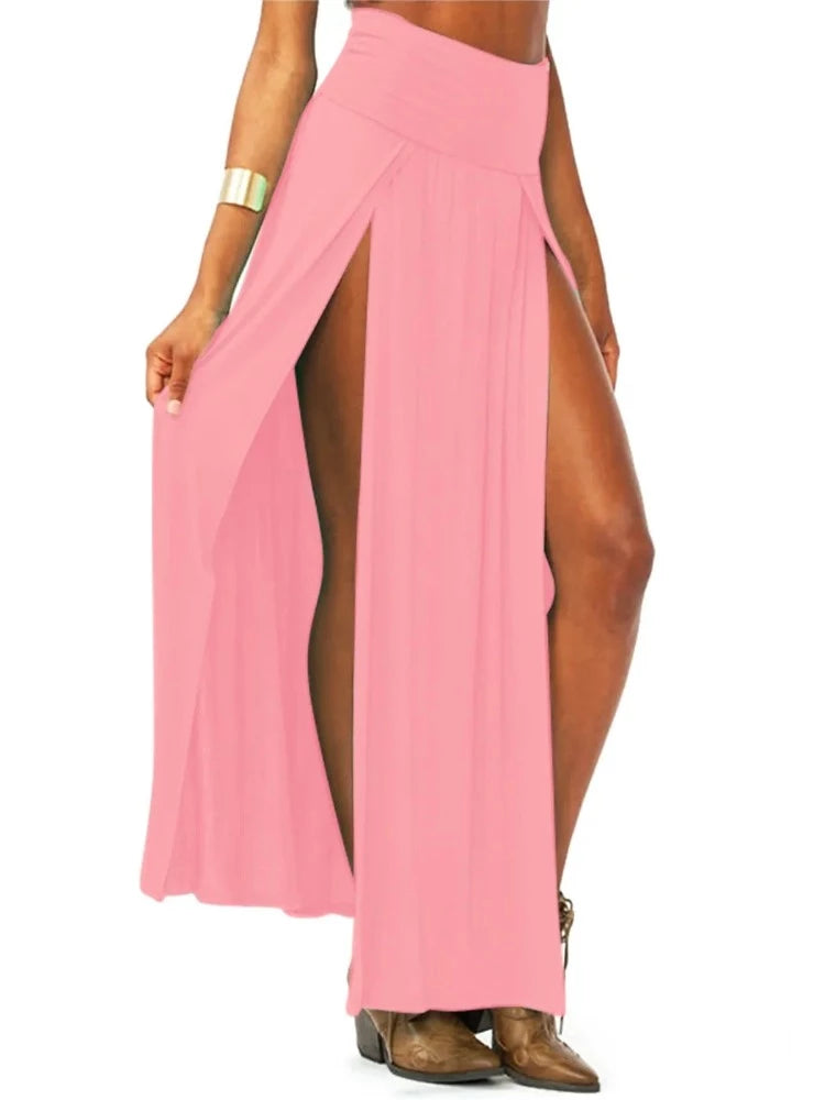 New Arrival High Waisted Sexy Womens Double Slits Summer Solid Long Maxi Skirt