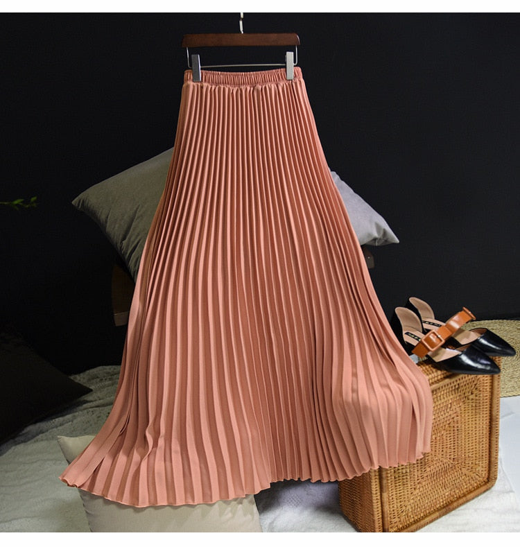 Womens Fashion Pleated Midi Long Skirt Female Korean Japanese Casual High Waist Skirts Jupe Faldas 10 Colors 2023 Spring SK295