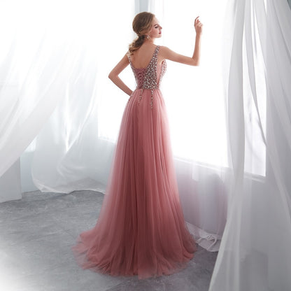 Beading Prom cocktail  Dresses 2023 Plus Size Pink High Split Tulle Sweep Train Sleeveless Evening Gown A-line Lace Up Backless Vestido De