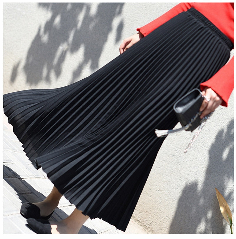 Womens Fashion Pleated Midi Long Skirt Female Korean Japanese Casual High Waist Skirts Jupe Faldas 10 Colors 2023 Spring SK295