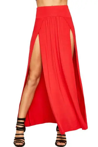 New Arrival High Waisted Sexy Womens Double Slits Summer Solid Long Maxi Skirt