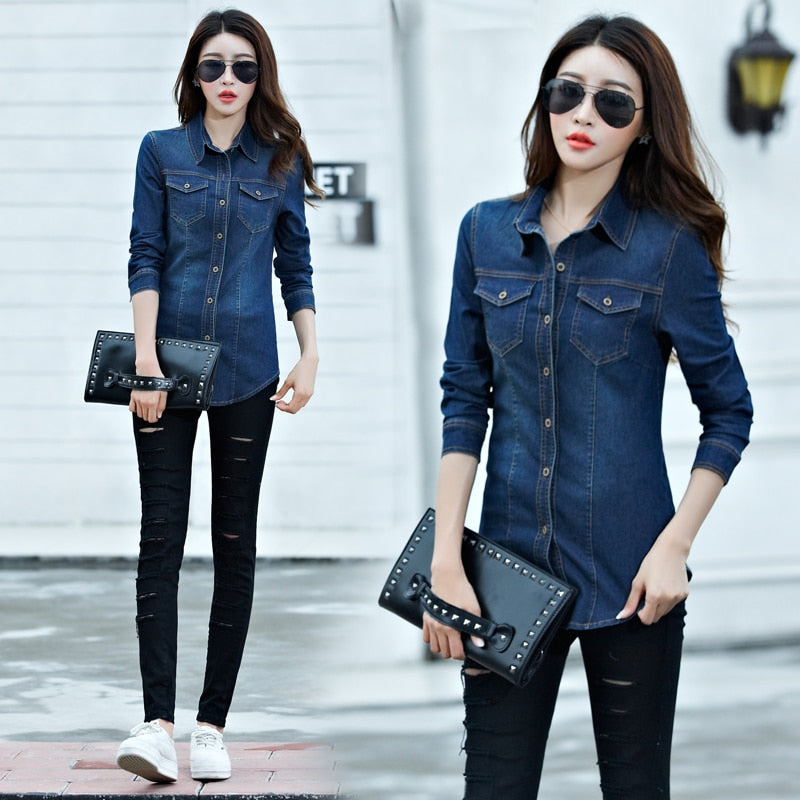 Jeans Shirt women Long Sleeve Slim Casual Vintage Elastic Ladies Denim Shirts Tops Blusas Feminina Woman Blouses and Tops 2023