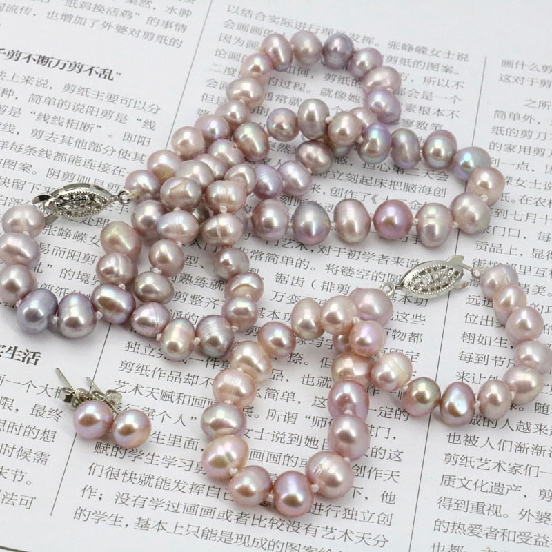 Purpel Pearl Necklace Sets Fish Clasp 7-8mm Necklace 18 Inch Bracelet 7.5 Inch Earring Women Jewelry Making Design