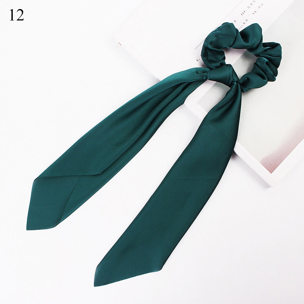 DIY Solid/Floral Print Bow Satin Long Ribbon Ponytail Scarf Hair Tie Scrunchies Women Girls Elastic Hair Bands Hair Accessories