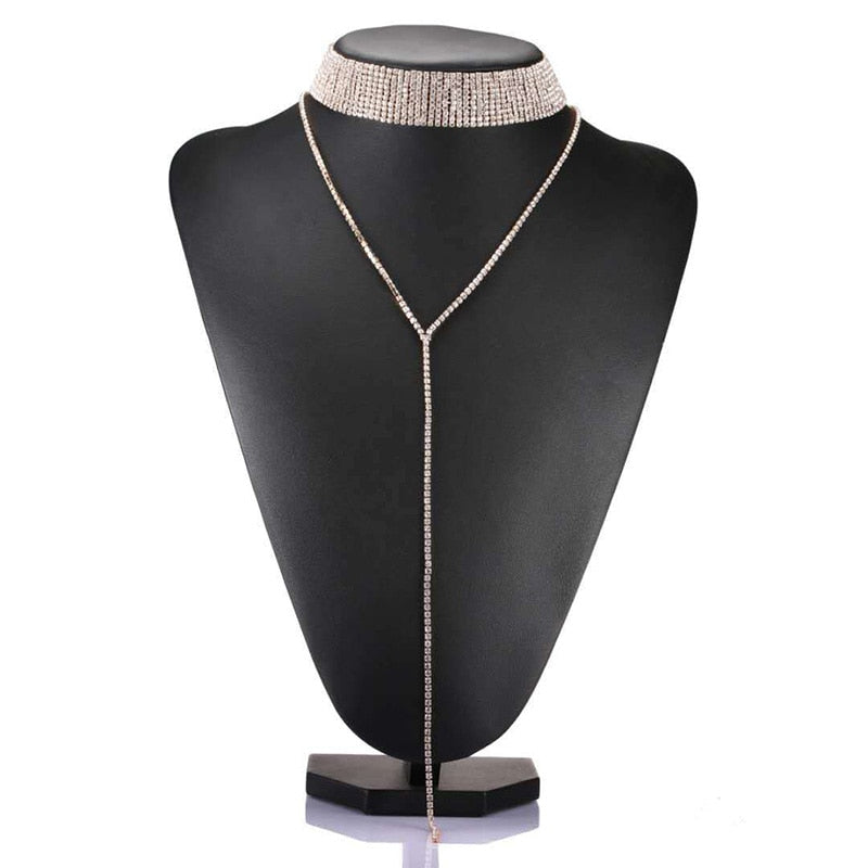 Bundle Neck Full Rhinestone Choker Luxury Crystal Gem Necklace Glitter Collar Fashion Long Chain Jewelry Salon For Party