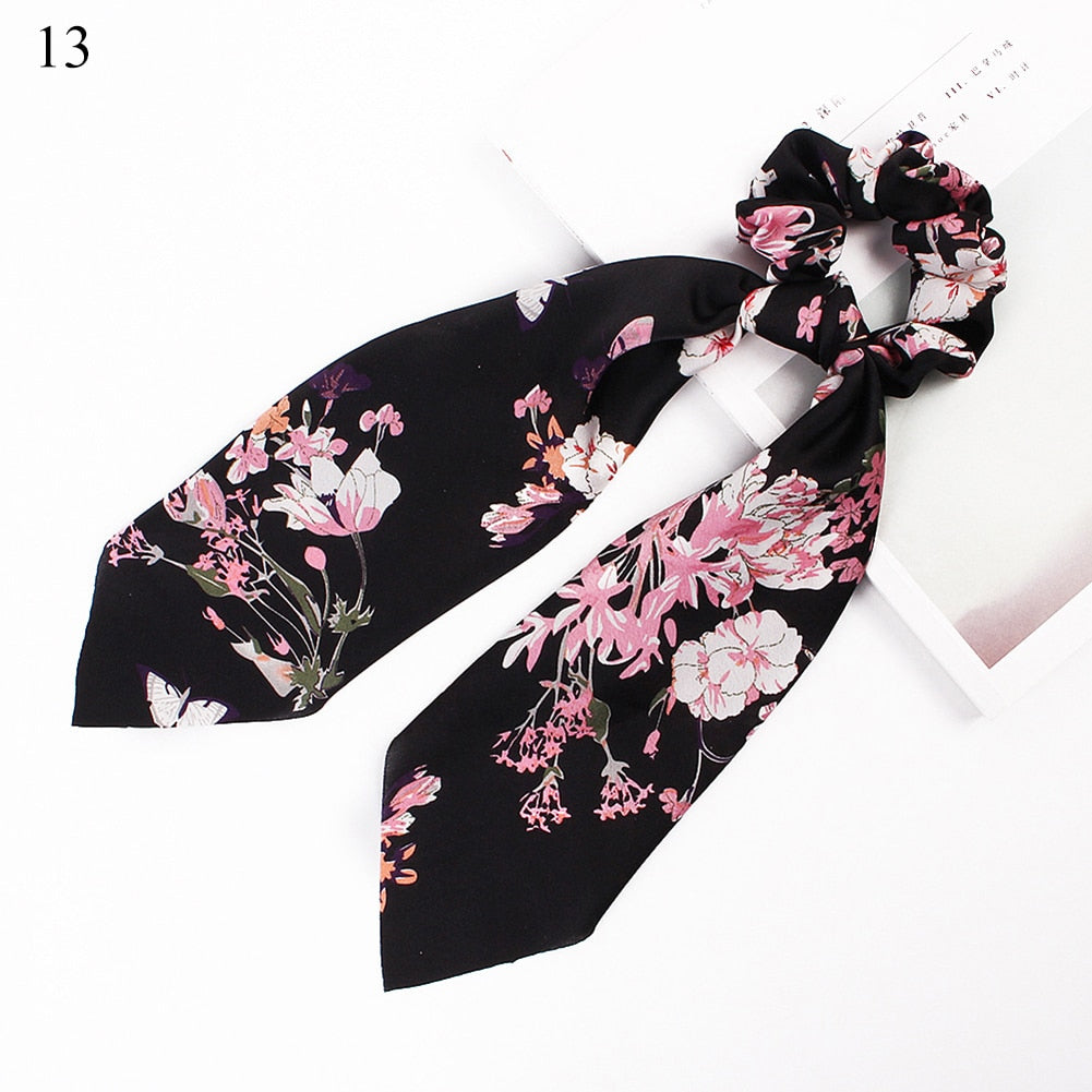 DIY Solid/Floral Print Bow Satin Long Ribbon Ponytail Scarf Hair Tie Scrunchies Women Girls Elastic Hair Bands Hair Accessories