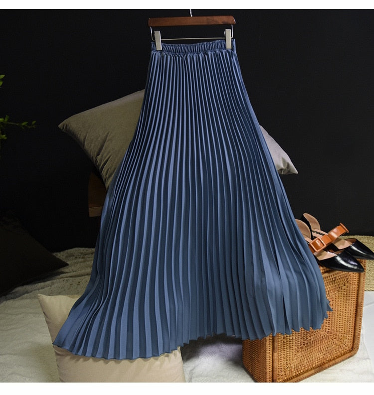 Womens Fashion Pleated Midi Long Skirt Female Korean Japanese Casual High Waist Skirts Jupe Faldas 10 Colors 2023 Spring SK295