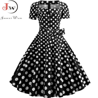 Women Square Collar Elegant Vintage Summer Dress Short Sleeve Rockabilly Pin Up Midi Dress Robe Femme Casual Office Party Dress