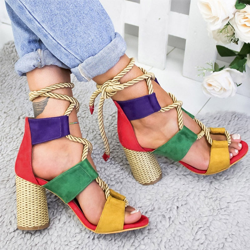 Women Pumps Lace Up High Heels Women Gladiator Sandals For Party Wedding Shoes Woman Summer Sandals Thick Heels