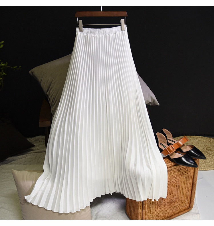 Womens Fashion Pleated Midi Long Skirt Female Korean Japanese Casual High Waist Skirts Jupe Faldas 10 Colors 2023 Spring SK295