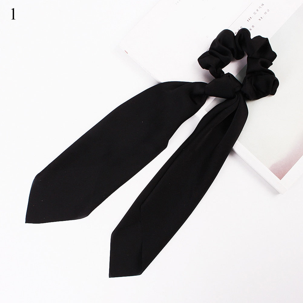 DIY Solid/Floral Print Bow Satin Long Ribbon Ponytail Scarf Hair Tie Scrunchies Women Girls Elastic Hair Bands Hair Accessories