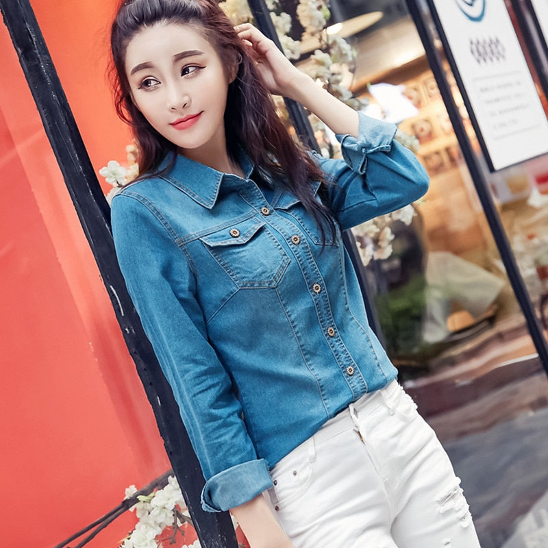 Jeans Shirt women Long Sleeve Slim Casual Vintage Elastic Ladies Denim Shirts Tops Blusas Feminina Woman Blouses and Tops 2023