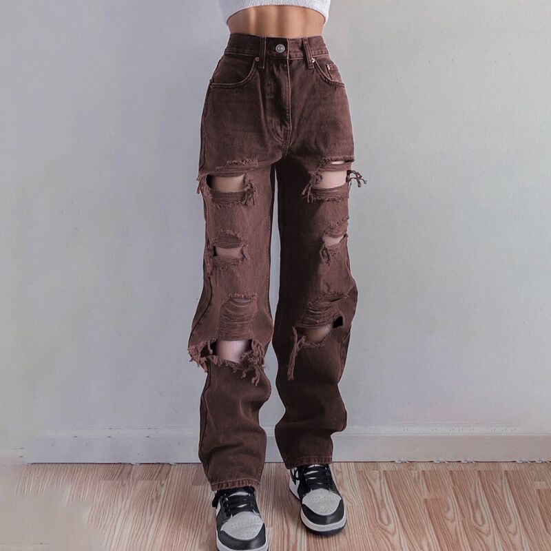 Trendy Streetwear Fashion Brown Blue Ripped Vintage Woman's Distressed Jeans High Waist Hole Hip Hop Straight Denim Trousers for Ladies