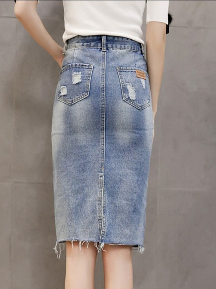 Summer 2023 Denim Teen Skirt High Waist Holes Back Slit Knee-length Midi Skirt Preppy Style