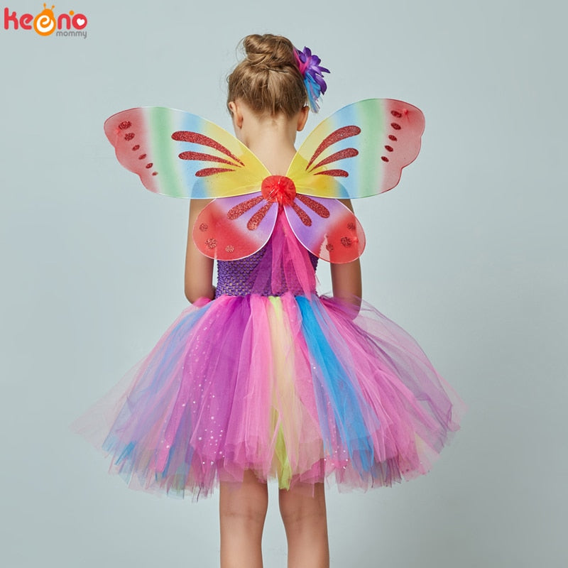 Girls Butterfly Fairy Fancy Tutu Dress Wings Costume Kids Princess Birthday Party