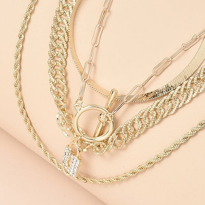 Enhance Your Style with the Glamorous Layered Crystal Lock Chain Necklace Set