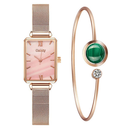 Brand Women Watches Fashion Square Dial Ladies Quartz Watches Bracelet Set Green Dial Simple Rose Gold Mesh Luxury Women Watches