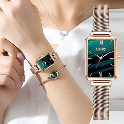 Brand Women Watches Fashion Square Ladies Quartz Watch Bracelet Set Green Dial Simple Rose Gold Mesh Luxury Women Watches