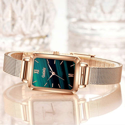 Brand Women Watches Fashion Square Ladies Quartz Watch Bracelet Set Green Dial Simple Rose Gold Mesh Luxury Women Watches