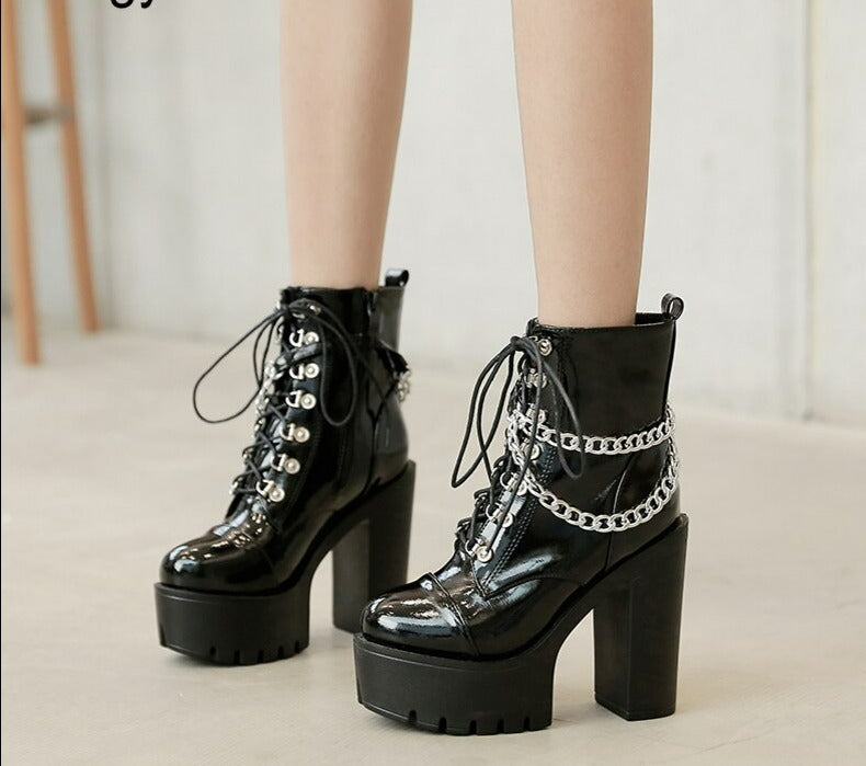 Night with Style Black Gothic Patent Leather Ankle Boots - High Heels Sexy Chains and Punk Vibes for Party Perfect Looks