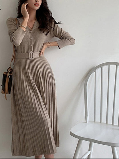 Elegant V-neck Single-breasted Women Thicken Sweater Dress Autumn Winter Knitted Belted Female A-line soft dresses