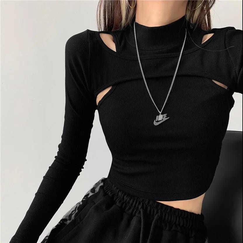 Hollow Knitted Crop Tops Women New Fitness Fake Two-piece T-shirt Female Black Long Sleeve streetwear style Tops