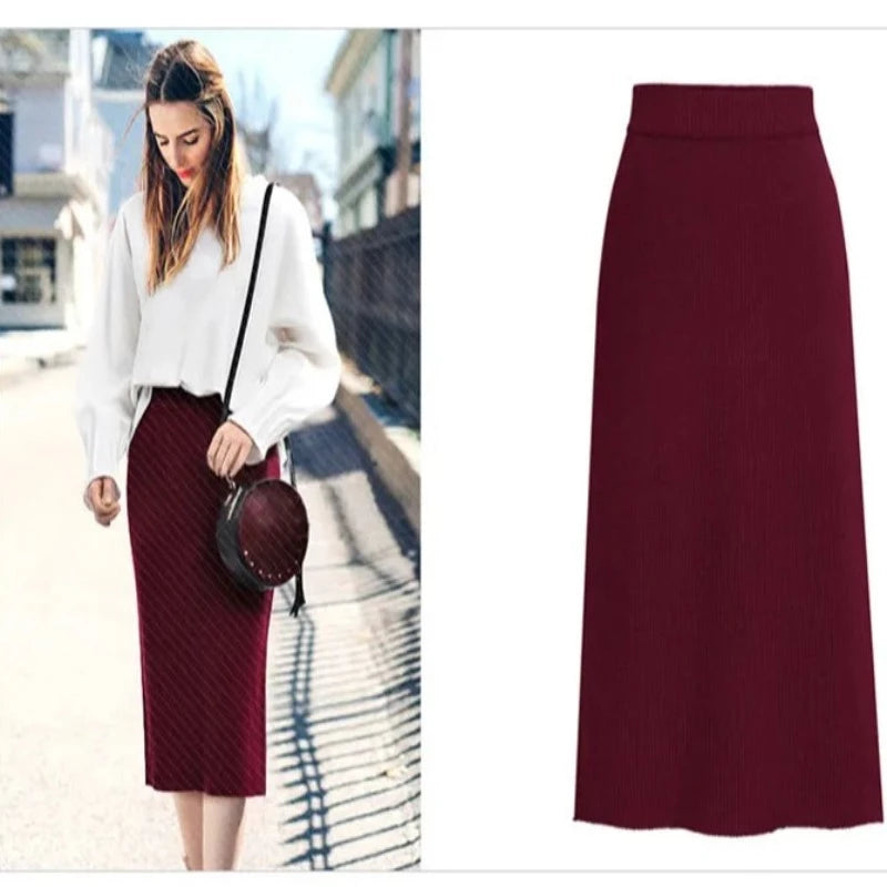 Autumn Winter Knit Pencil Skirt Women High Waist Skirts Womens Knited Split Midi Skirt For Women Autumn 6XL