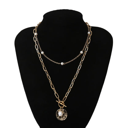 Punk Multi Layered Pearl Choker Necklace Mary Coin Crystal Pendant Necklace