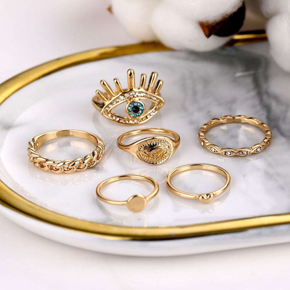 Bohemian Gold Color Chain Rings Set For Women Fashion Boho Coin Snake Moon Rings Party 2023 Trend Jewelry Gift