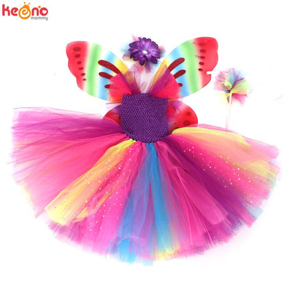 Girls Butterfly Fairy Fancy Tutu Dress Wings Costume Kids Princess Birthday Party