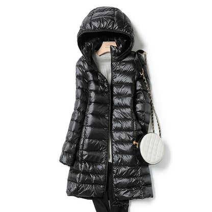 Ultra-Light Long Women's Winter Down waterproof Jacket: Thin, Casual, Slim Puffer Coat with Removable Hooded Parka