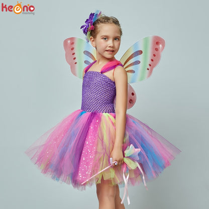 Girls Butterfly Fairy Fancy Tutu Dress Wings Costume Kids Princess Birthday Party