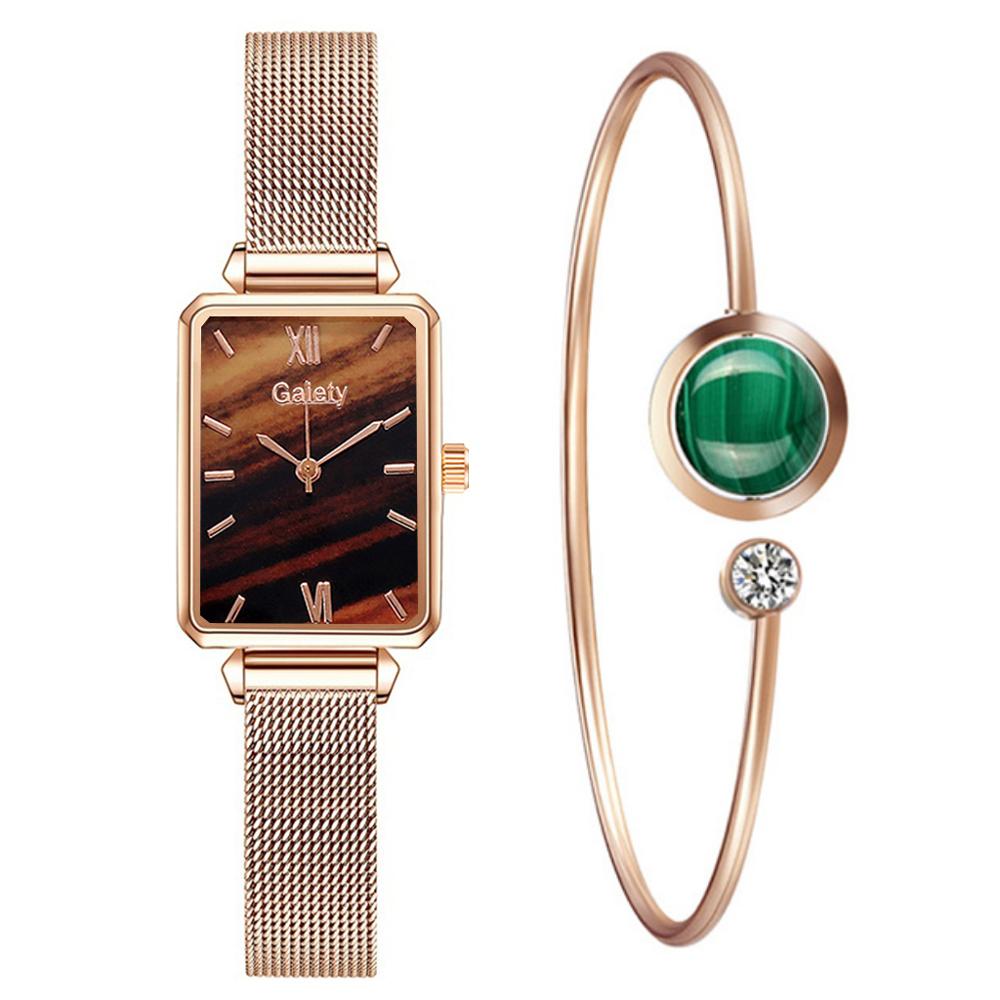 Brand Women Watches Fashion Square Dial Ladies Quartz Watches Bracelet Set Green Dial Simple Rose Gold Mesh Luxury Women Watches