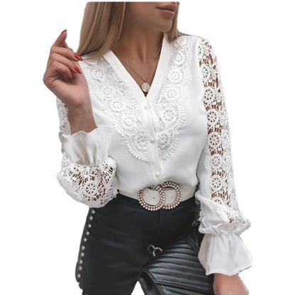 Lace Patchwork Hollow Out Shirt Blouse Long Sleeve O-Neck Mesh Tops 2023