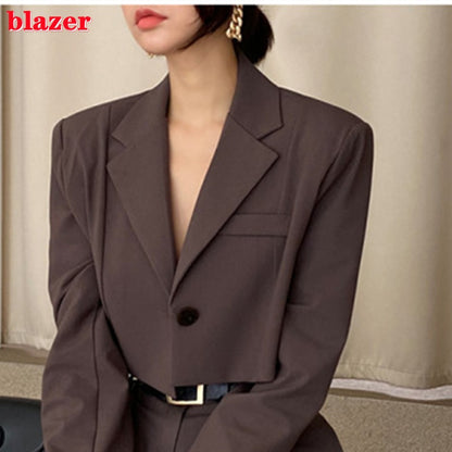 Office Lady Blazer Suits Vintage Two Piece Set Women Long Sleeve Short Blazer  High Waist Wide Leg Long Pants 2 Piece Outfits