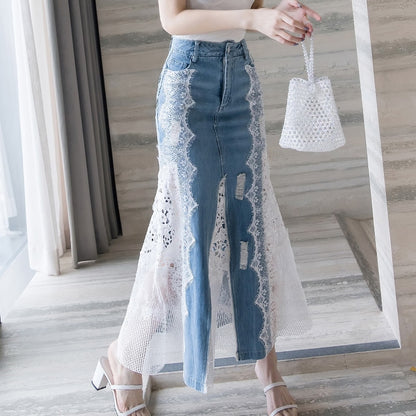 Spring Fashion Long Maxi Denim And Lace Fish Tail Skirt For Women S-2XL Mermaid Style High Waist Summer