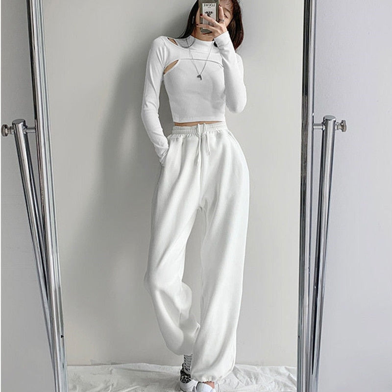 Hollow Knitted Crop Tops Women New Fitness Fake Two-piece T-shirt Female Black White Long Sleeve streetwear style Tops