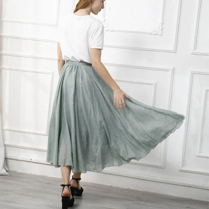 Boho Style Women's High-Waisted Elastic Casual Maxi Skirt in High-Quality Cotton Linen with Pleats - Beach-ready A-Line Skirt