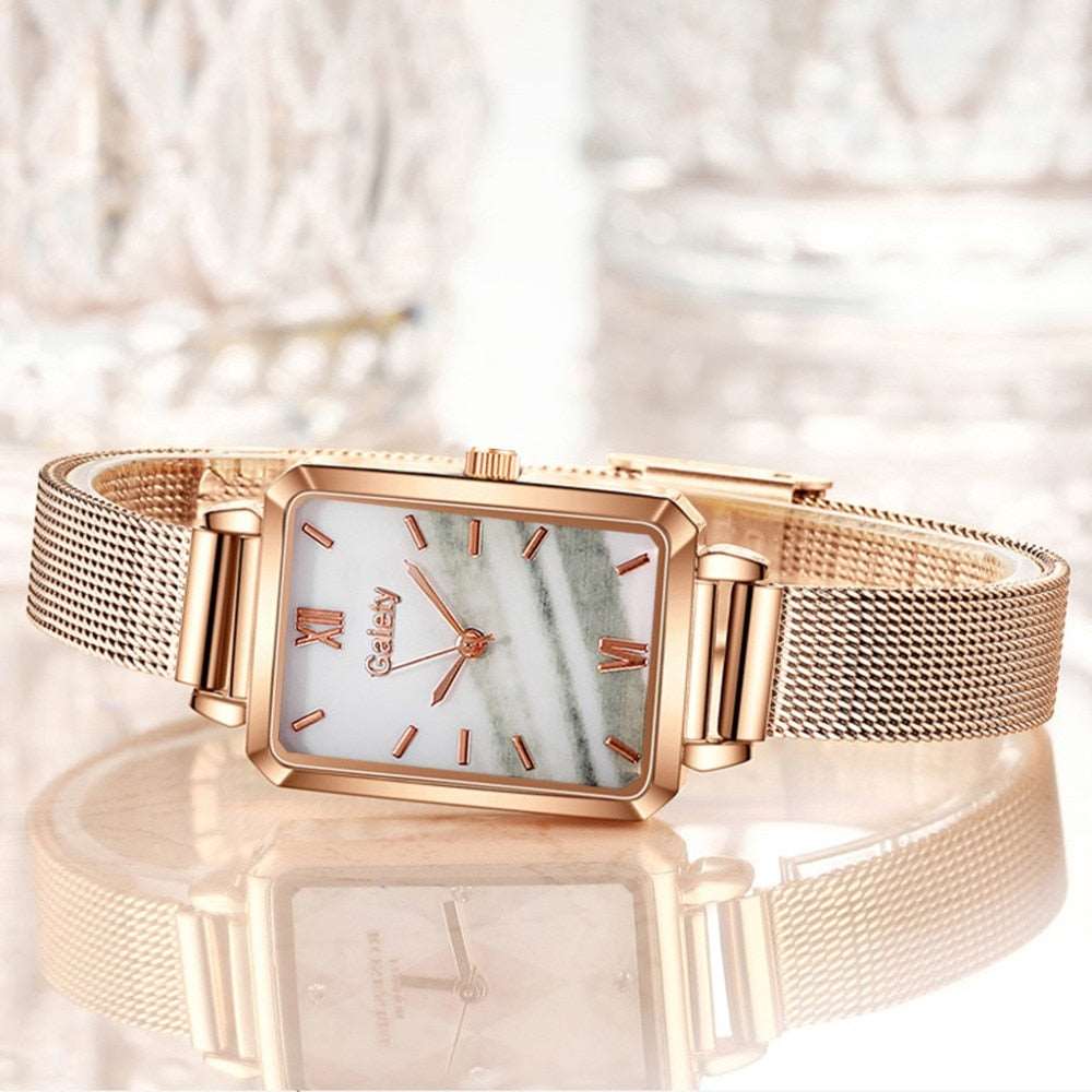 Brand Women Watches Fashion Square Ladies Quartz Watch Bracelet Set Green Dial Simple Rose Gold Mesh Luxury Women Watches