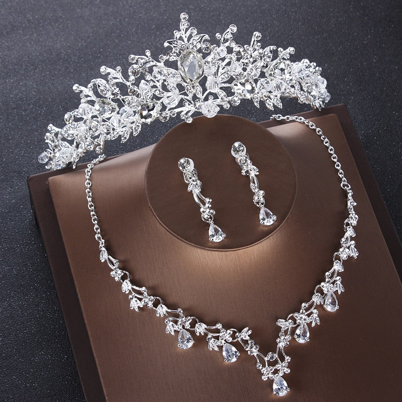 Luxury Heart Crystal Bridal Jewelry Sets Wedding Cubic Zircon Crown Tiaras Earring