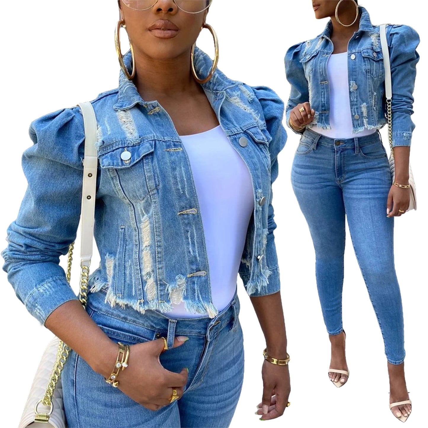 Women's Ripped Denim Jacket Casual Long Puff Sleeve Button Down Cropped Jean Coats for Fall