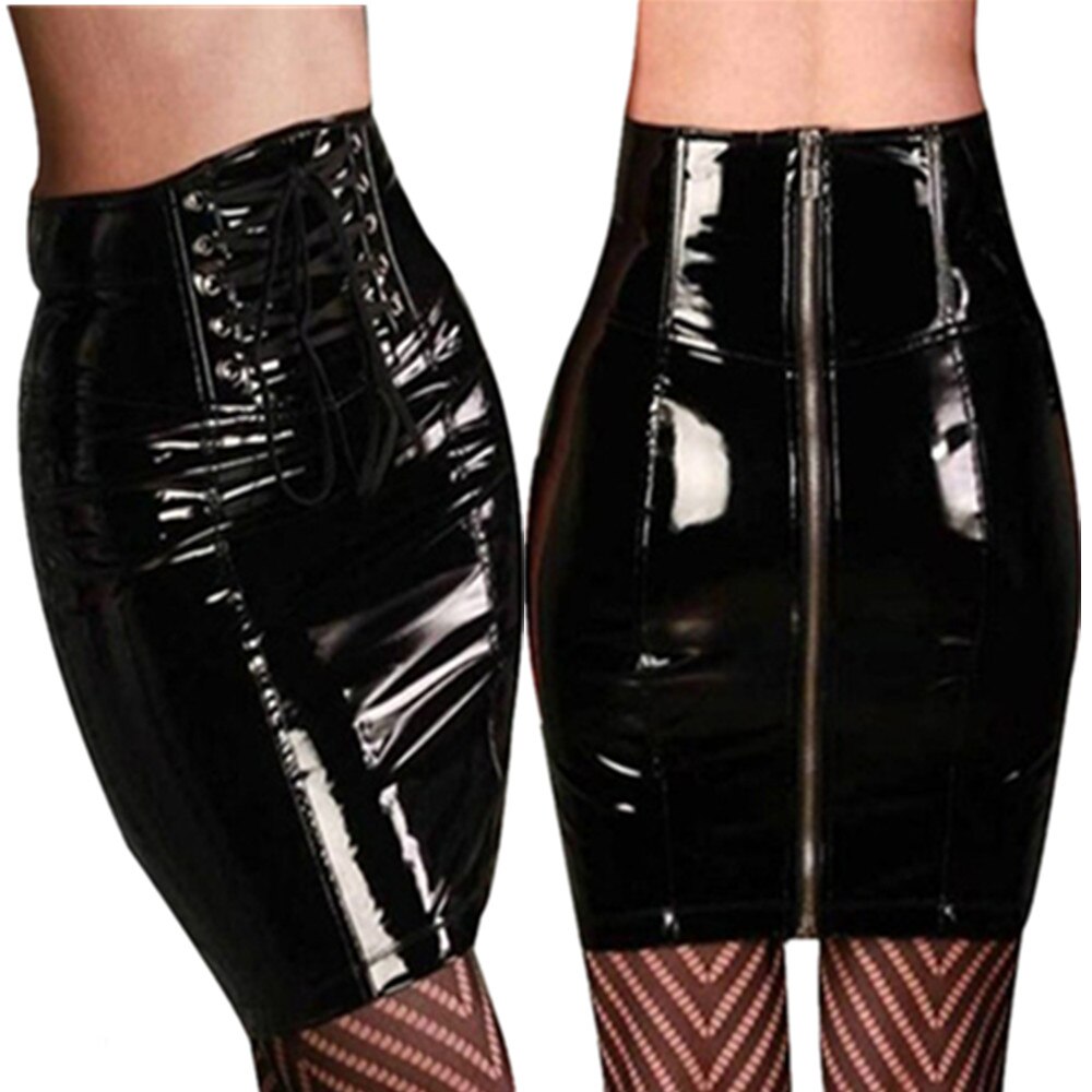 Sensational S-3XL Black High Waist Skirt: Sexy Club Latex PVC Leather Pencil Skirt with Lace Detailing