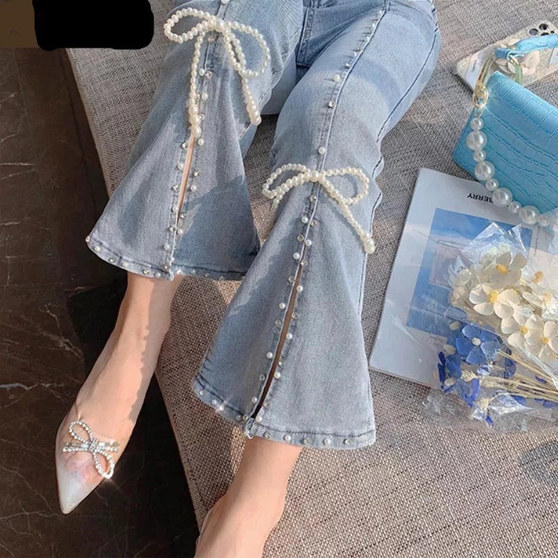 Spring Autumn Sweet High Waist Split Bow Denim Pants Women Elegant Chic Beading Bowknot Boot Cut Pants Girls Vintage Fairy Jeans