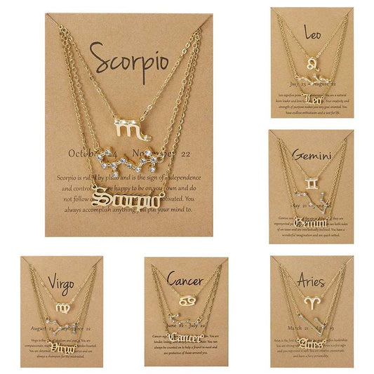 3Pcs/set 12 Zodiac Sign Multi Chain Necklaces For Women with Pendant Chain Choker