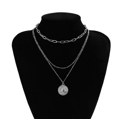 Punk Multi Layered Pearl Choker Necklace Mary Coin Crystal Pendant Necklace