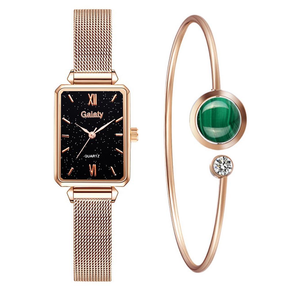 Brand Women Watches Fashion Square Dial Ladies Quartz Watches Bracelet Set Green Dial Simple Rose Gold Mesh Luxury Women Watches