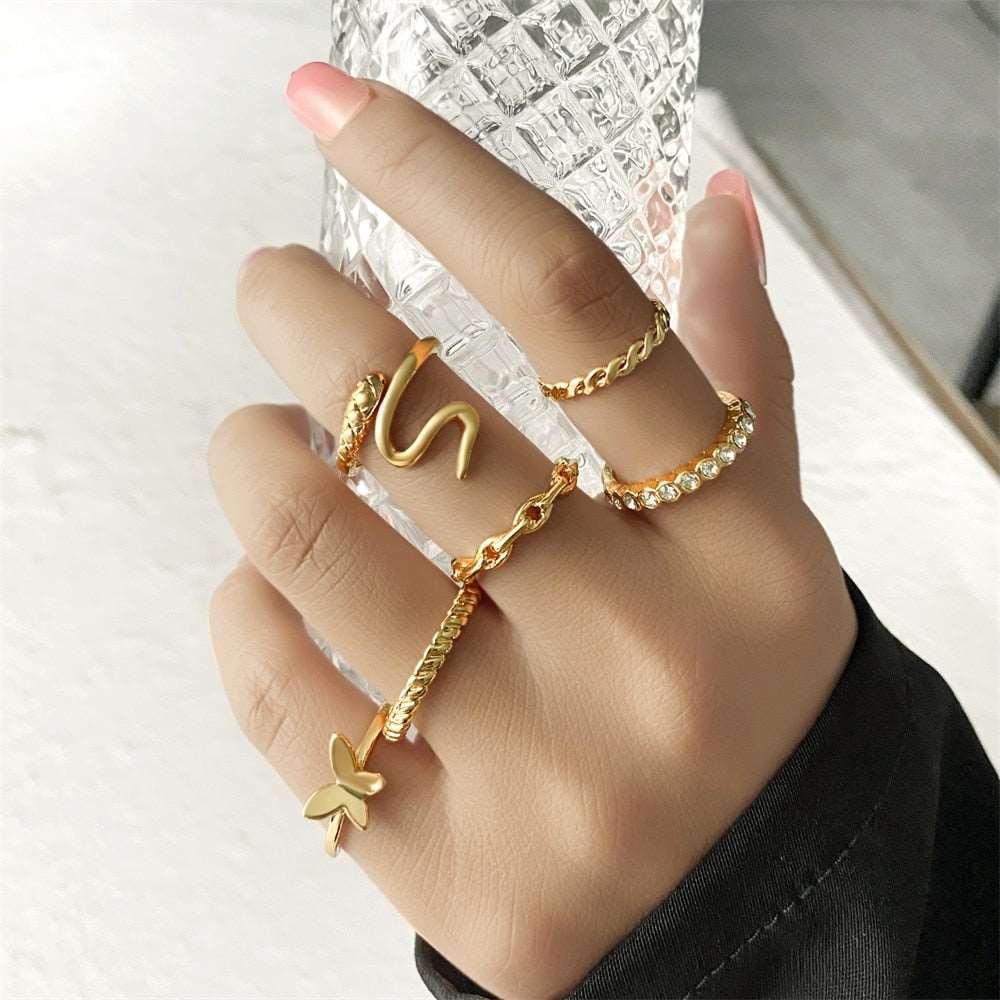 Bohemian Gold Color Chain Rings Set For Women Fashion Boho Coin Snake Moon Rings Party 2023 Trend Jewelry Gift