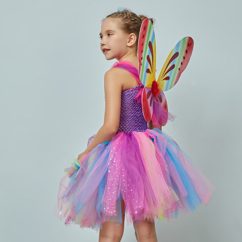 Girls Butterfly Fairy Fancy Tutu Dress Wings Costume Kids Princess Birthday Party