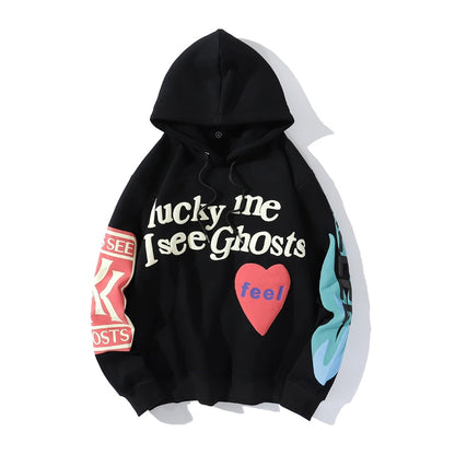 Graffiti Letter Foam Plus Velvet Oversized Sweatshirts Men's Fleece Hooded Hoodie Unisex Stranger Things Pullover Kanye Hoody