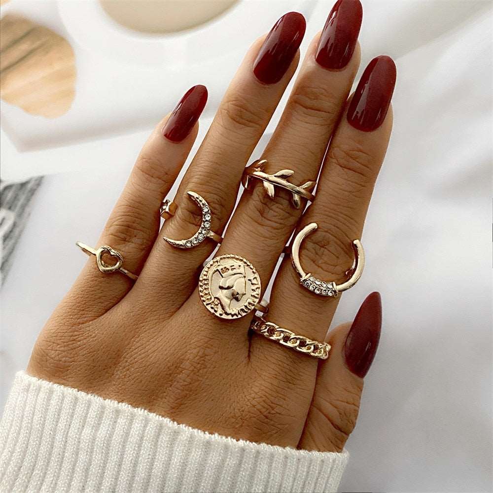 Bohemian Gold Color Chain Rings Set For Women Fashion Boho Coin Snake Moon Rings Party 2023 Trend Jewelry Gift